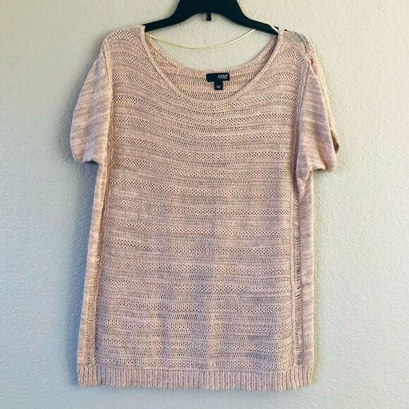 Pink Gray Textured Mesh Layering Sweater Top L - Picture 1 of 4
